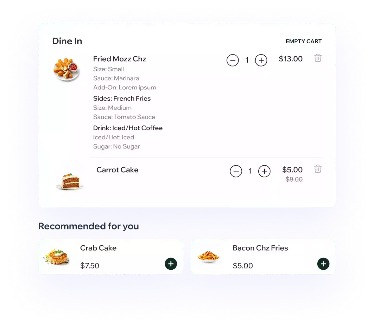 Ordering experience interface
